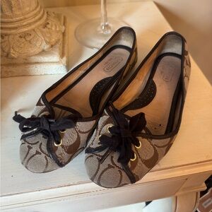 Coach Brown Signature Canvas Ballet Flats with Black Trim